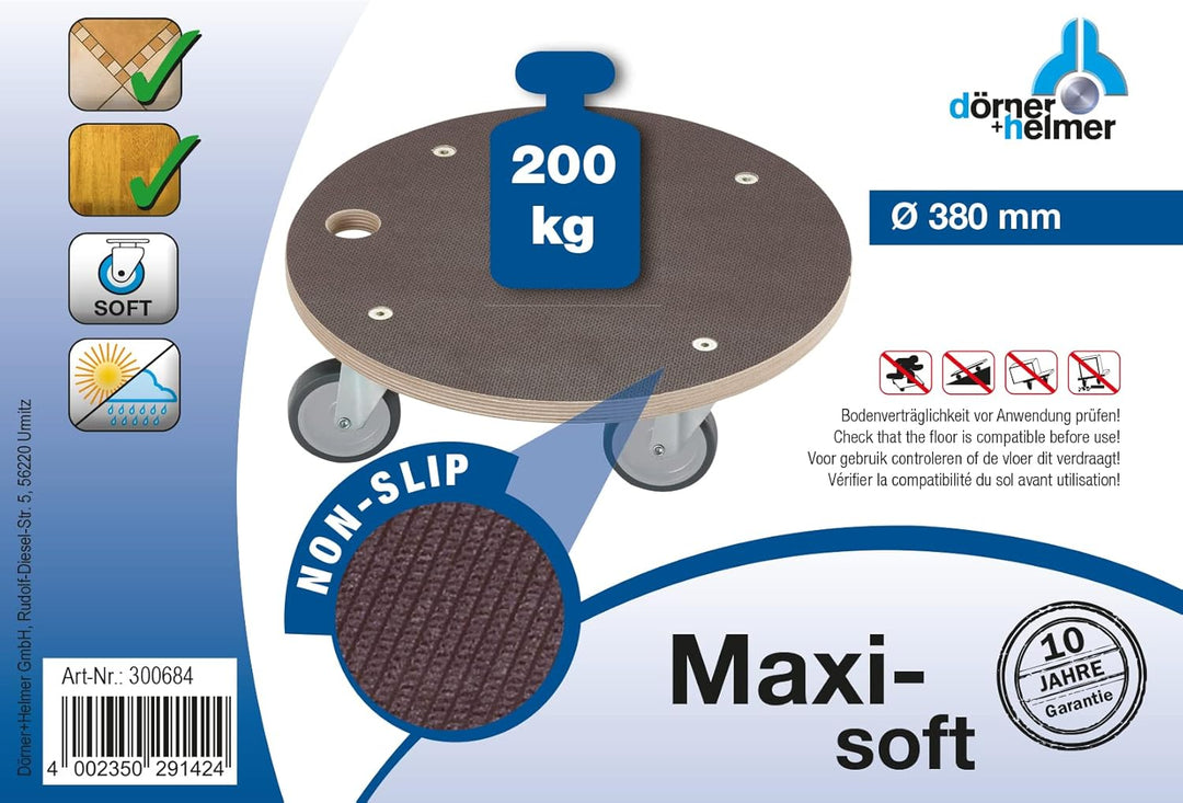Dörner + Helmer Transportroller Maxi-Soft, Rund, 380mm x 120mm, 200kg Tragkraft, Gummiräder, für Kis