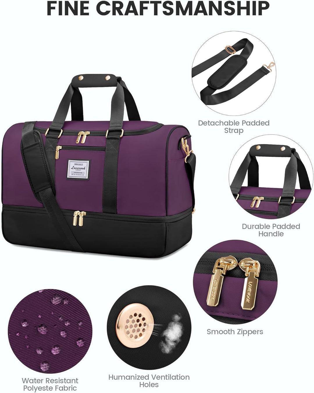 LOVEVOOK Sporttasche Reisetasche Damen, 37L Weekender mit Kulturtasche, Schuhfach & Nassfach, Sport