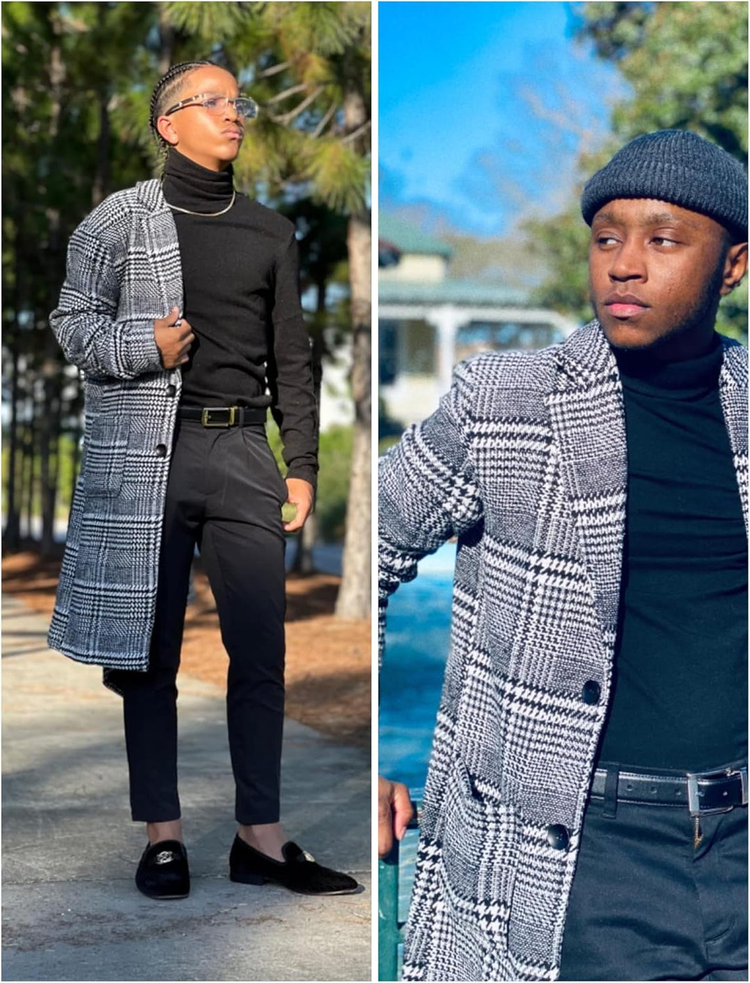 UANEO Herren Winter-Trenchcoat mit eingekerbtem Kragen, einreihig, kariert, mittellang, Peacoat-Über