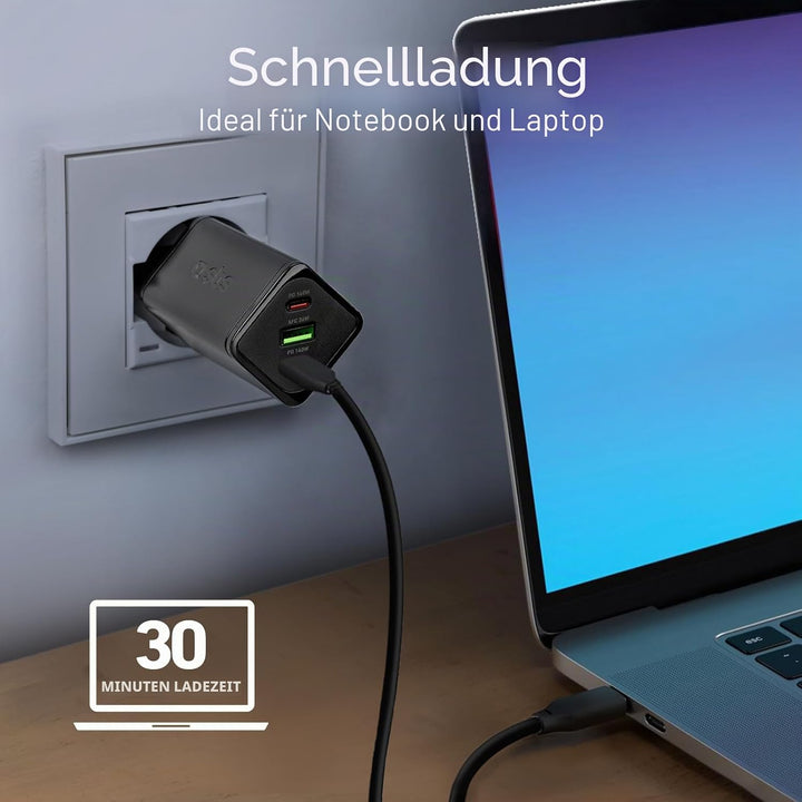 SBS Mehrport-Ladegerät 140W, 2 USB-C-Anschlüsse, 1 USB-A-Anschluss, GaN, Power Delivery, kompakt, id