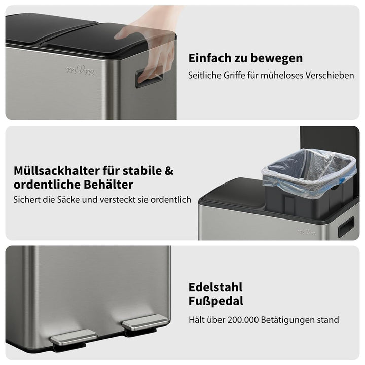 mVm Mülleimer Küche,60 Liter Treteimer,2 x 30 Liter Treteimer, 2 Fächer, Mülltrennsystem, Abfalleime