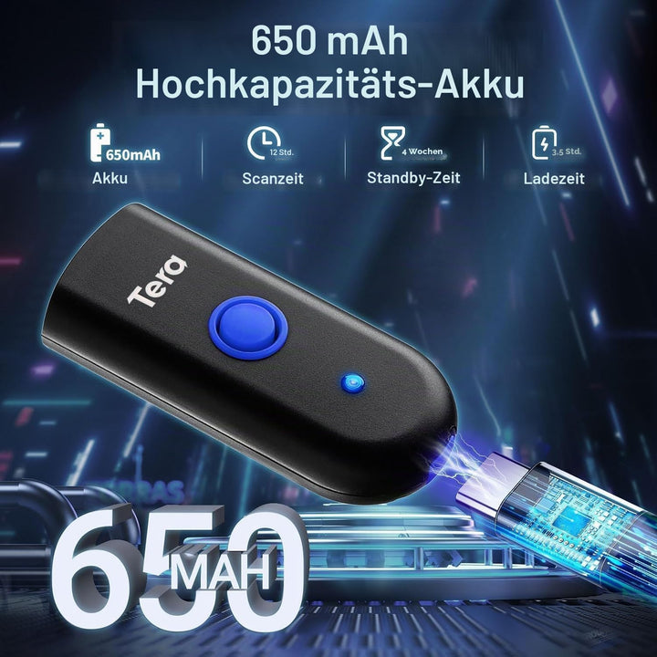 Tera Wireless Barcode Scanner 1D Laser Mini Pocket Waterproof Scanner 3in1 Compatible with Bluetooth