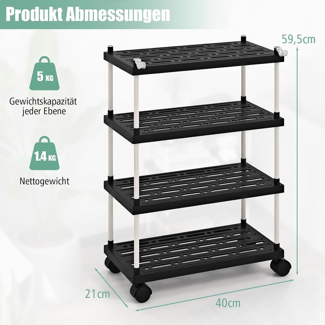 COSTWAY Rollwagen mit 4 Ebenen, Nischenregal mit Rollen und seitlichen Haken, Allzweckwagen, Küchenw