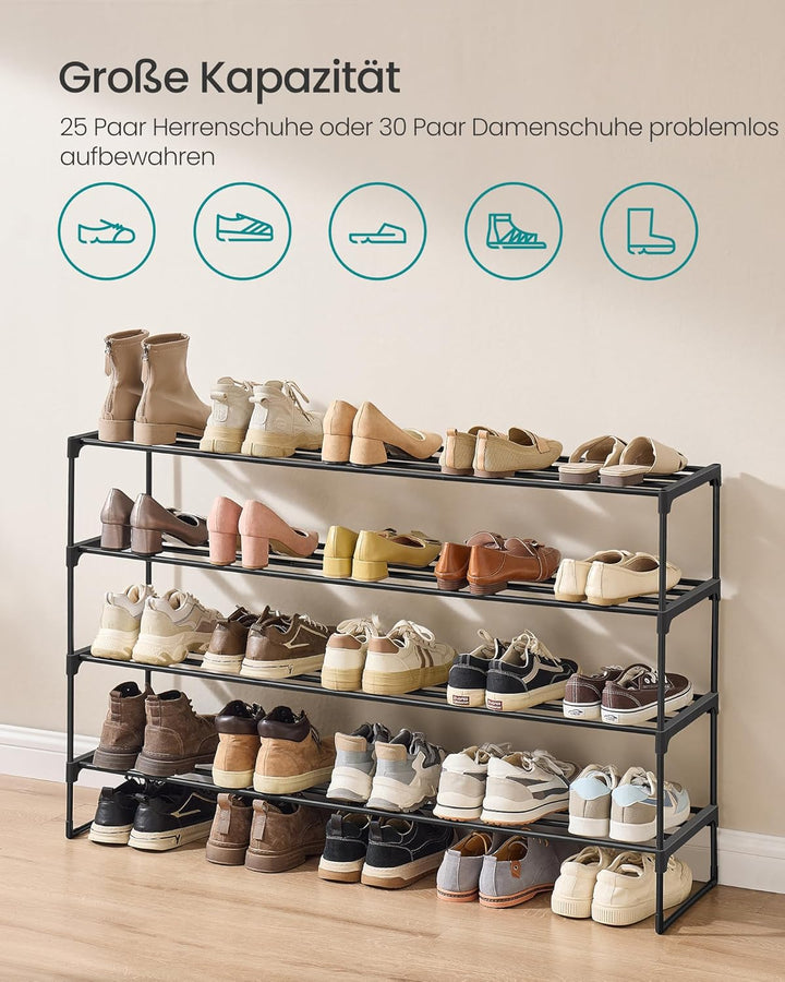 SONGMICS Schuhregal 4 Ebenen, Schuhständer Metall, Schuhaufbewahrung, Schuh-Organizer, aufrecht oder