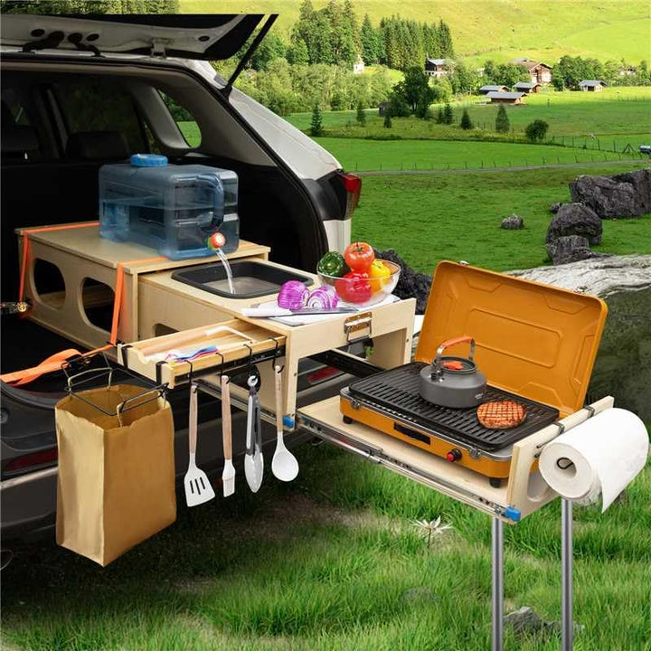 Overland Campingbox für Auto, Klappbare Campingküche mit Spüle, küchenbox Camping, Stauraum und Plat
