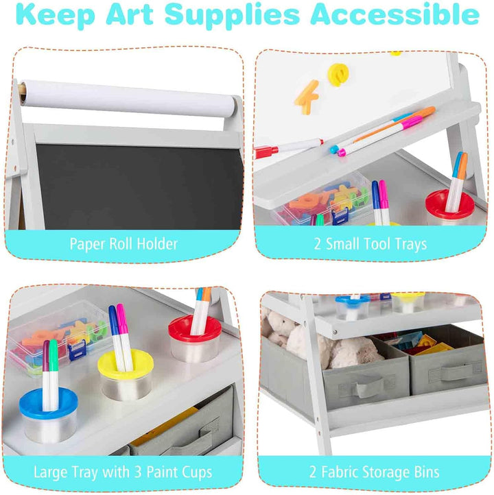 HOMASIS 3-in-1 Kindertafel aus Holz mit Stauraum, Kunstpferd mit Whiteboard, Kreidetafel und Papierr