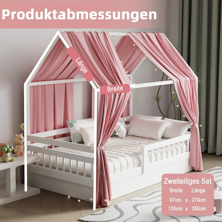 Hausbett Himmel mit Lichterkette Deko 2 Stück 135 x 350 cm Rosa | Baldachin Hausbett Vorhang,Betthim