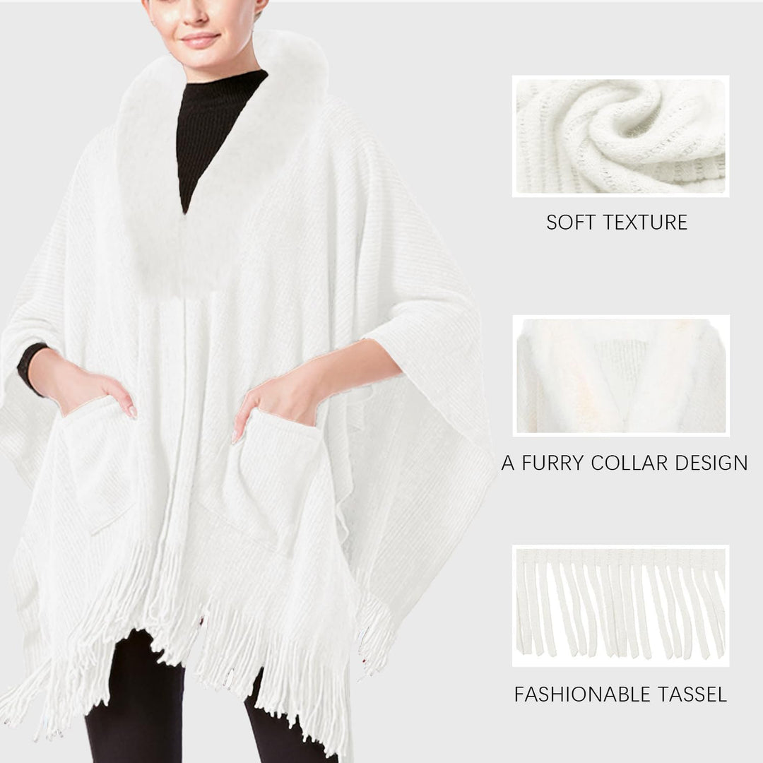 Rayson Poncho Damen Vintage Schal Wrap Schal Mit Plüschausschnitt Und Seitentaschen Open Front Ponch