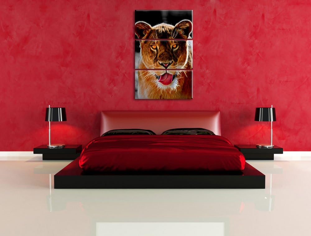 Dark schöne Löwin schwarz/weiss Deluxe 3-Teiler Leinwandbild 120x80 Bild auf Leinwand, XXL riesige B