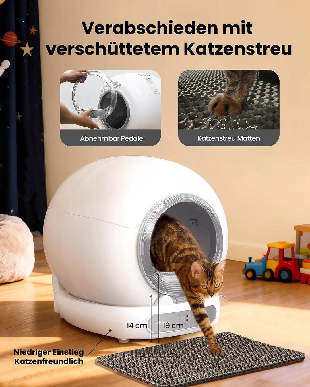 Selbstreinigende Katzentoilette mit Türvorhang, 65L+9L Katzenklo Selbstreinigend mit Müllbeutel, Mat