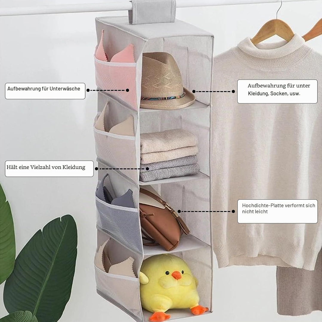 2 Stück Hängender Kleiderschrank Organisator 4 Lagen | Hängende Aufbewahrungsregale mit Seitentasche