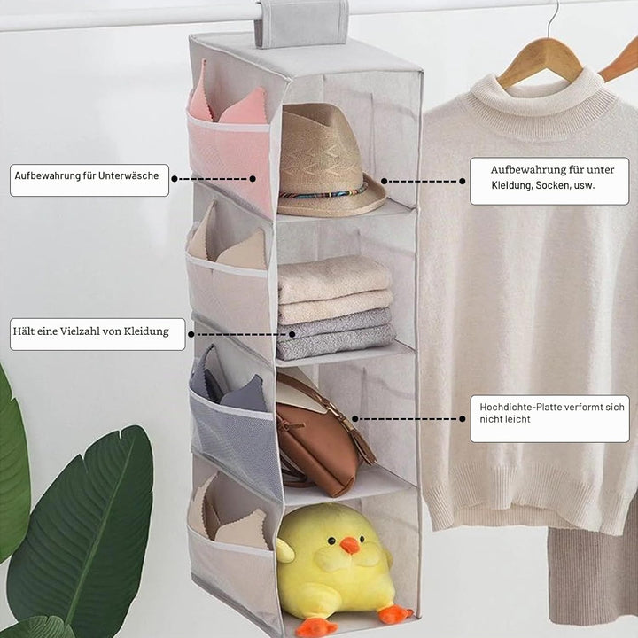 2 Stück Hängender Kleiderschrank Organisator 4 Lagen | Hängende Aufbewahrungsregale mit Seitentasche