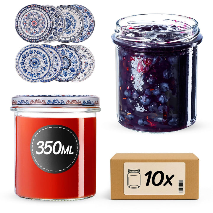 KADAX 10er Set Marmeladengläser 350ml TO82 Blau/Weiss, Einmachgläser Vorratsgläser Mason Jar mit Sch