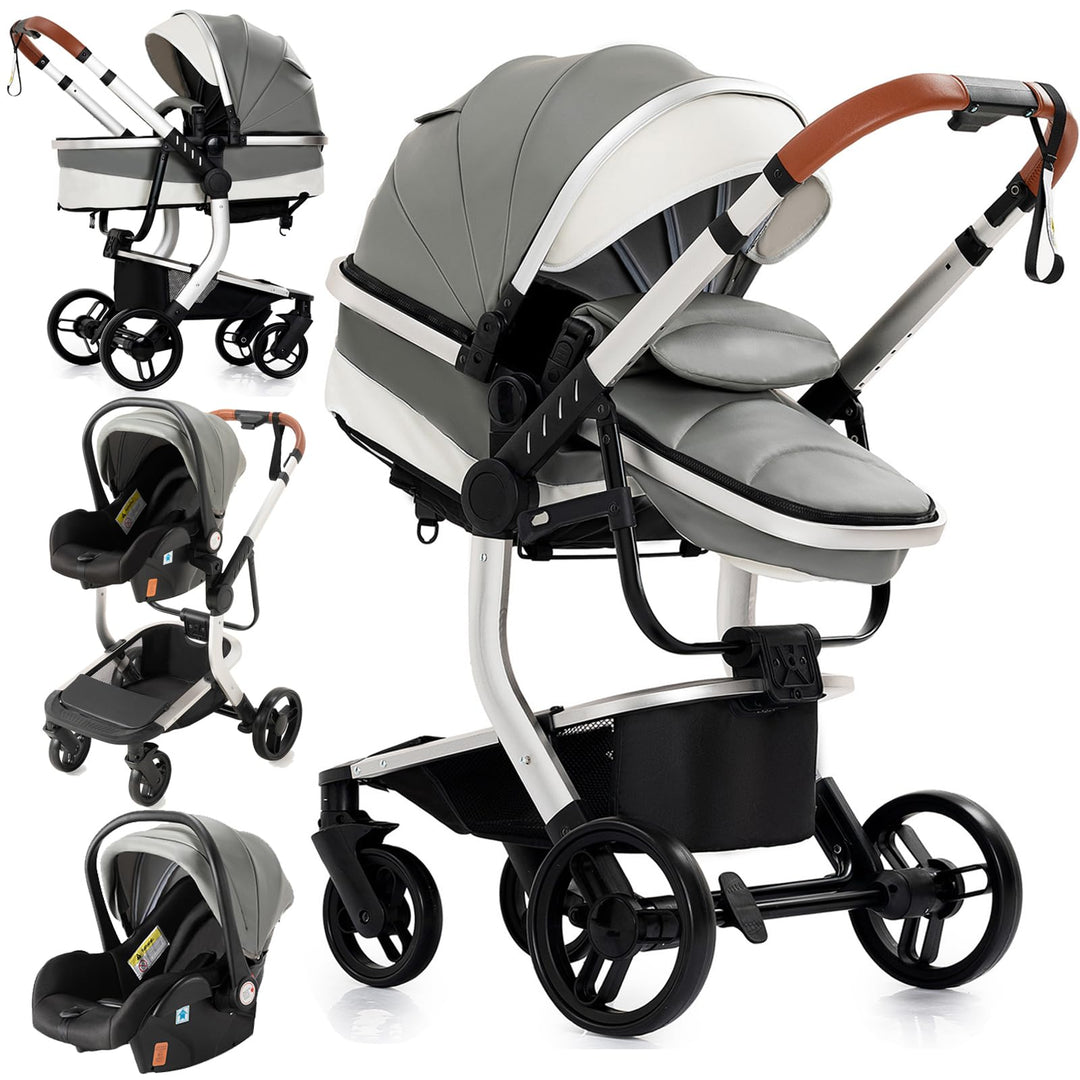 MoLi PU-Leder Kinderwagen 3 in 1, Kinderwagen mit Umkehrbarem Doppelschiebemodus, Buggy Grosser Bequ