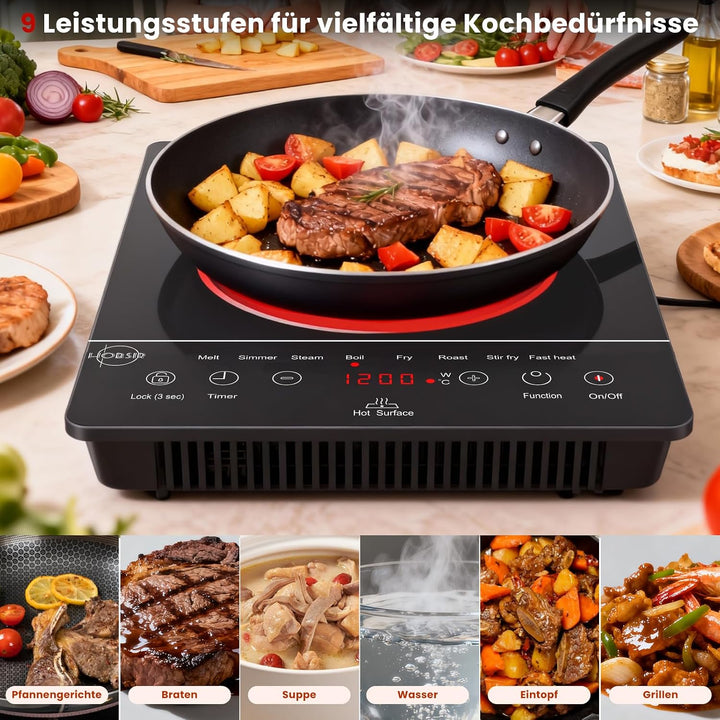 Hobsir Herdplatte 1 Kochfeld mit Stecker, 2000 Watt, tragbares Glaskeramik-Kochfeld, 9 Leistungsstuf