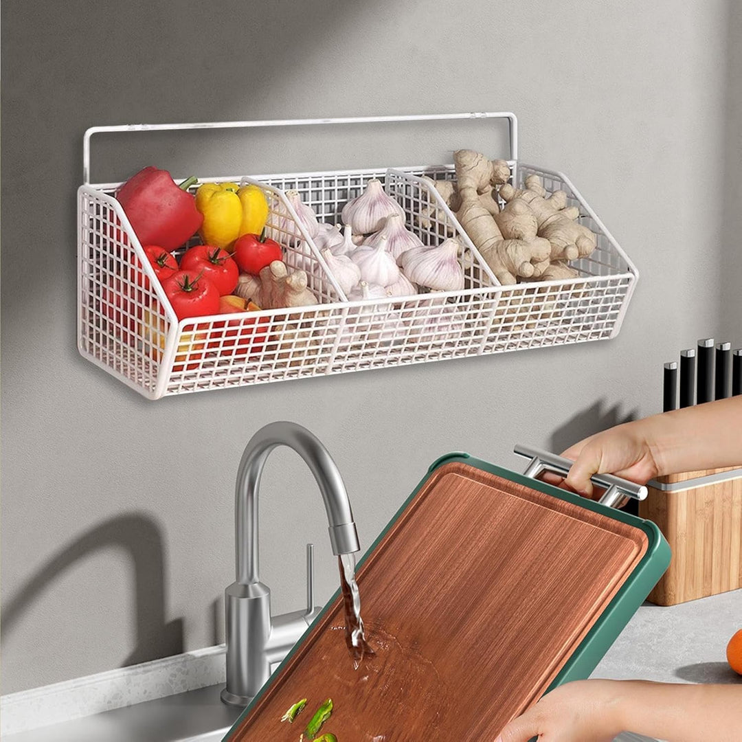 Wall Basket, 3 Compartment Onion Holder, 14.17x5.51in Wall Mounted Storage Bin, Space Saving Metal O