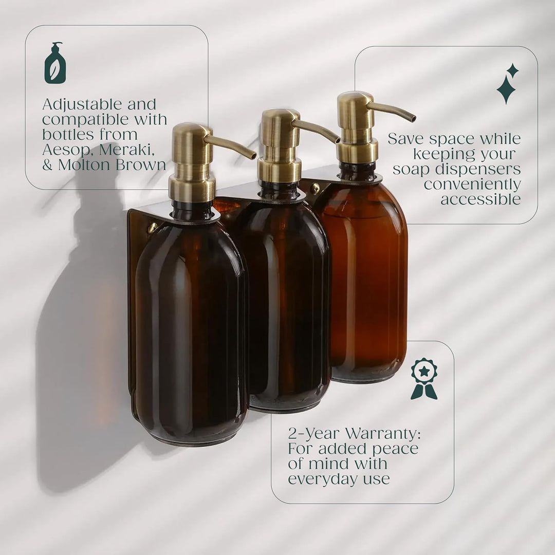 Kuishi Wandmontierte Seifenspenderhalterung aus gebürstetem Gold, 250–300 ml Seifenflaschenhalter, b