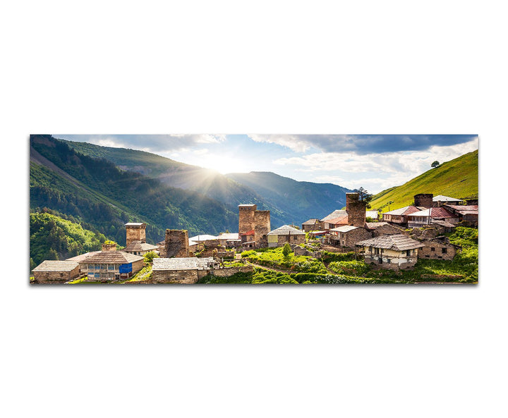 Paul Sinus Art Panoramabild auf Leinwand und Keilrahmen 150x50cm Georgien Kaukasus Bergdorf Berge Wi