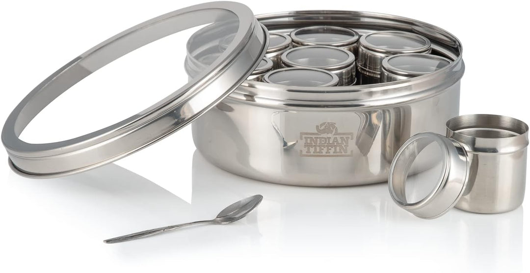 Indian-Tiffin Masala Dabba Luftdichter Gewürzbehälter - Lebensmittelqualität aus Edelstahl - mit Gew