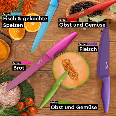 Axer Scharfe Messer Set für Küche - 5-teilig Küchen Messerset Bunt - Sehr Scharfe Küchenmesser Set P