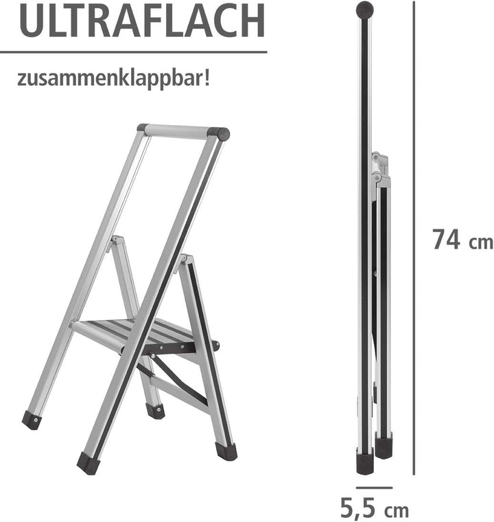 WENKO Leichte Aluminium Trittleiter mit 1 Stufe für 25 cm höheren Stand, rutschsichere XXL-Stufen, D