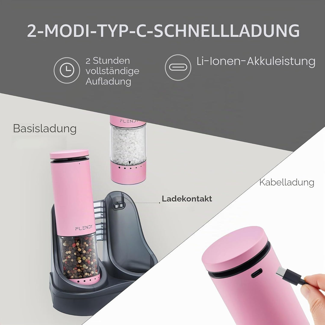 Flendy Salz und Pfeffermühle Elektrisch 2er Set, Elektrische Salz und Pfeffermühle Set mit USB-C Lad