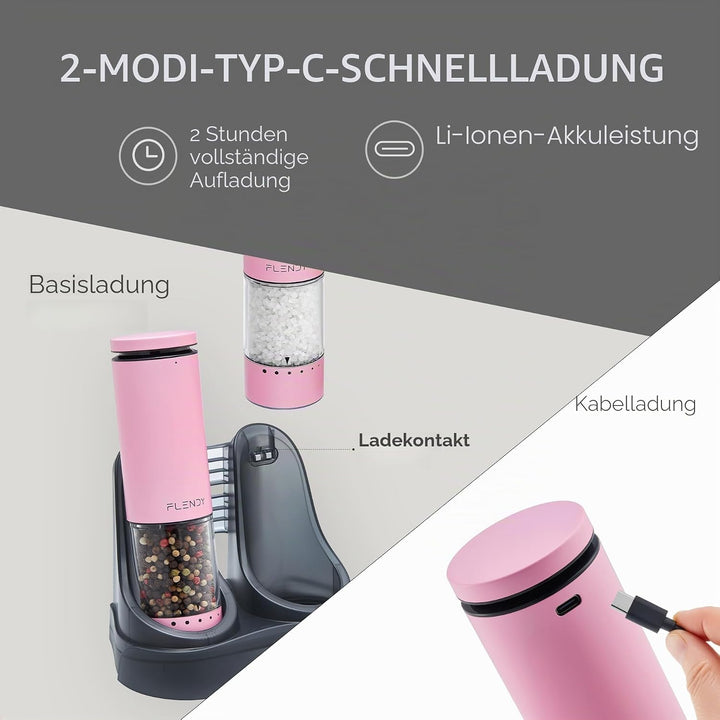 Flendy Salz und Pfeffermühle Elektrisch 2er Set, Elektrische Salz und Pfeffermühle Set mit USB-C Lad