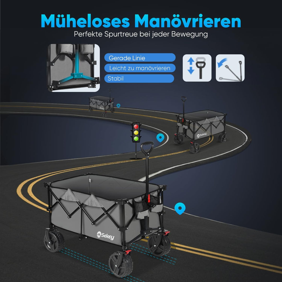 Sekey XXL Plus Bollerwagen Faltbar mit Bremsen 200L 200KG Belastbar, Extra Breite Reifen All Terrain
