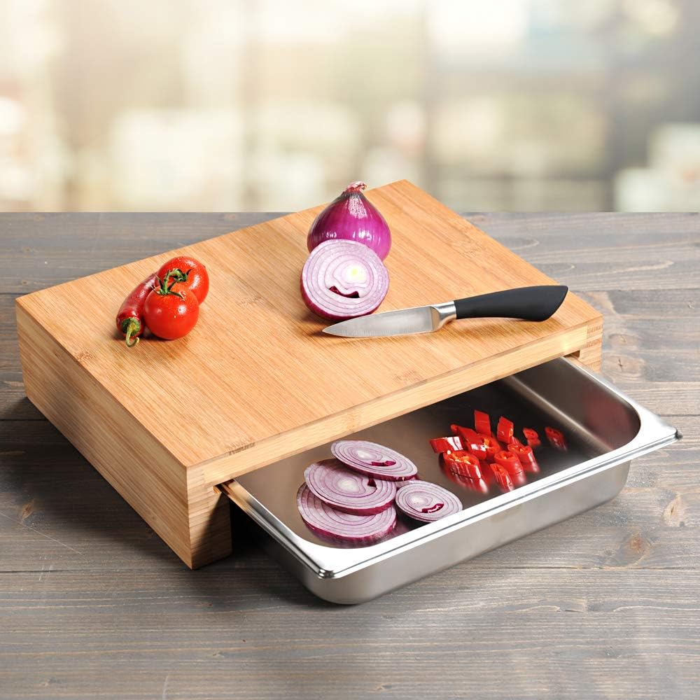 Kesper | Schneidbrett mit Auffangschale, Material: Bambus, Masse: B: 37,5 x T: 27,5 x H: 9,5 cm, Far