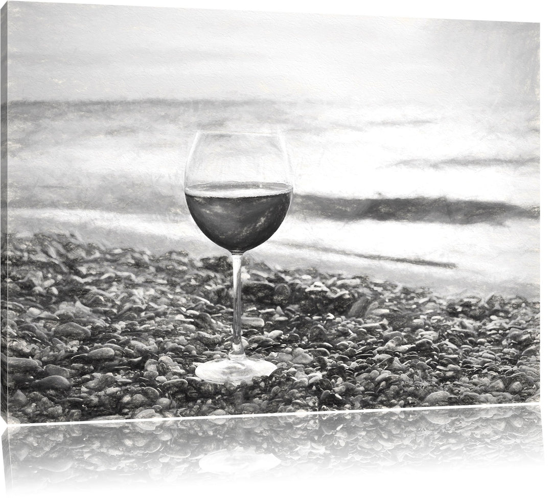 Pixxprint Weinglas am Steinstrand Kohle Zeichnung Effekt, Format: 100x70 auf Leinwand, 100x70