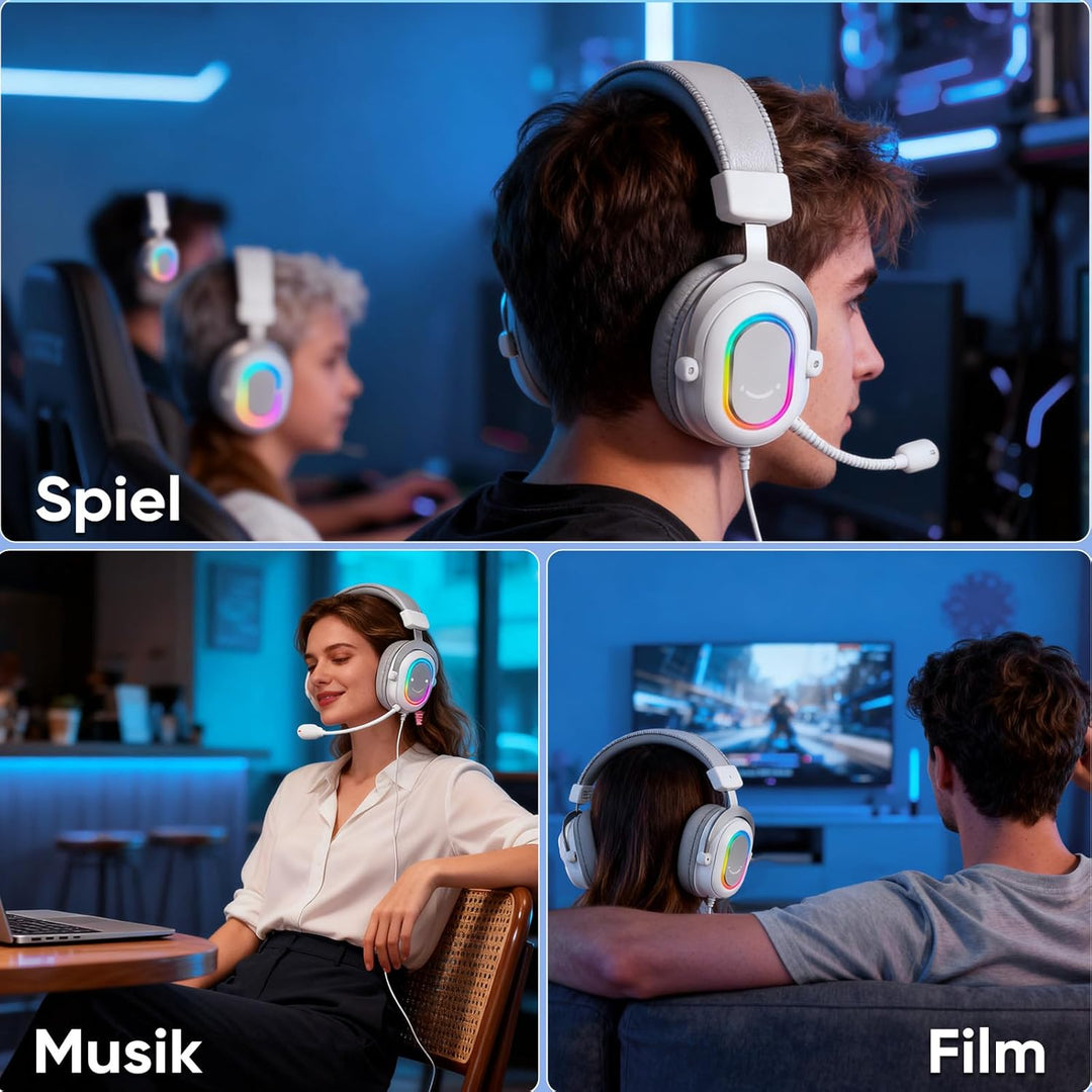 FIFINE Gaming Headset mit Mikrofon, Over Ear Kopfhörer mit Kabel, USB Headset für PC PS4 PS5, RGB He
