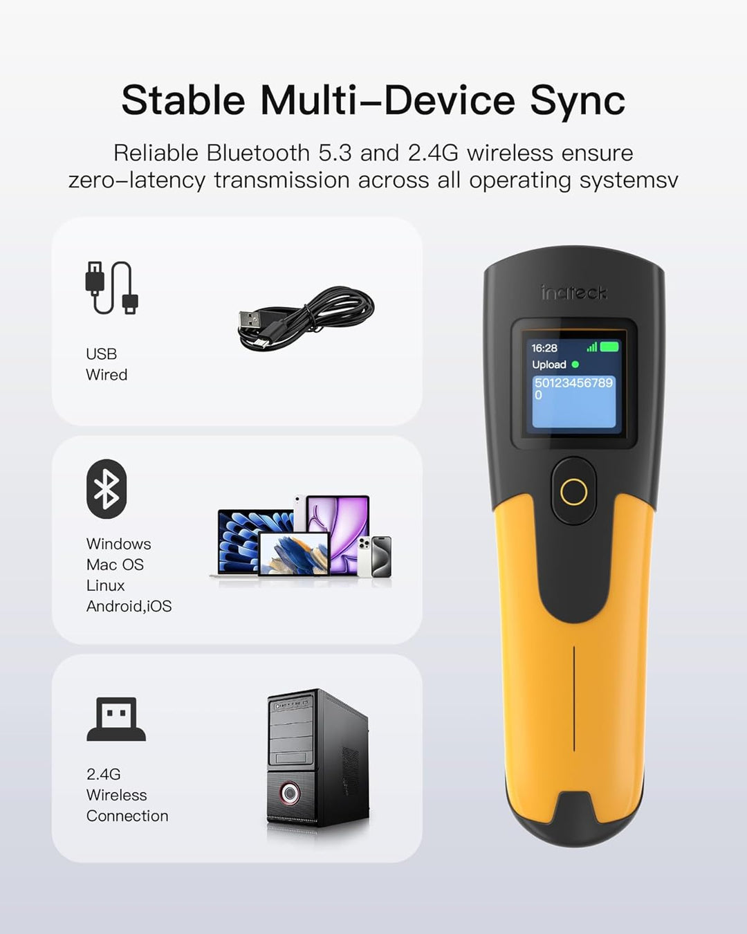 Inateck Barcode Scanner Kabellos 2D mit Display, QR Code Scanner Kleine | 3 in1 Bluetooth & USB Kabe