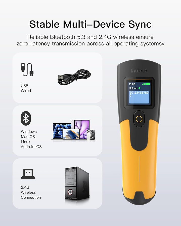 Inateck Barcode Scanner Kabellos 2D mit Display, QR Code Scanner Kleine | 3 in1 Bluetooth & USB Kabe