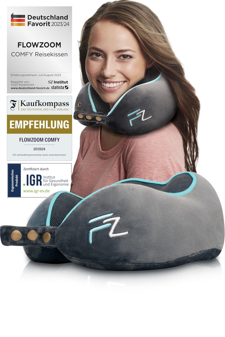 FLOWZOOM® Comfy Nackenhörnchen Nackenkissen Flugzeug & Auto Reise-Kissen aus Memory-Foam mit schmale