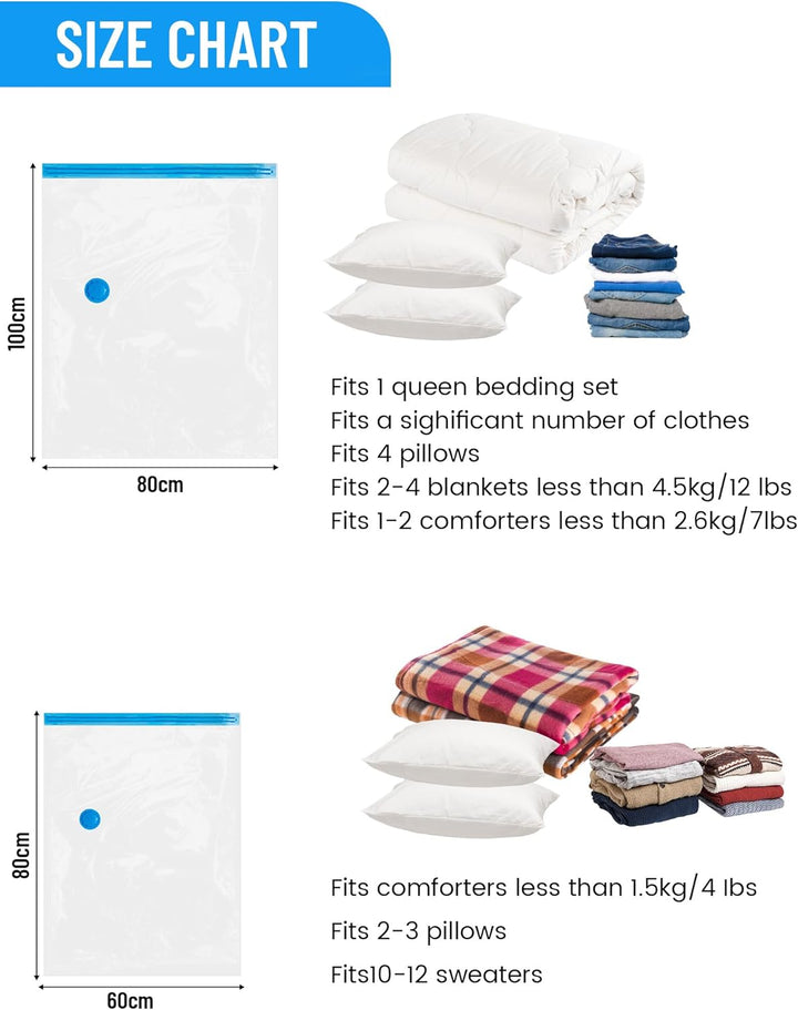 8er Set Vakuumbeutel für Bettdecken, 4 Jumbo 100x80cm + 4 Gross 80x60cm - 80% Platz Sparen, Vakuumbe