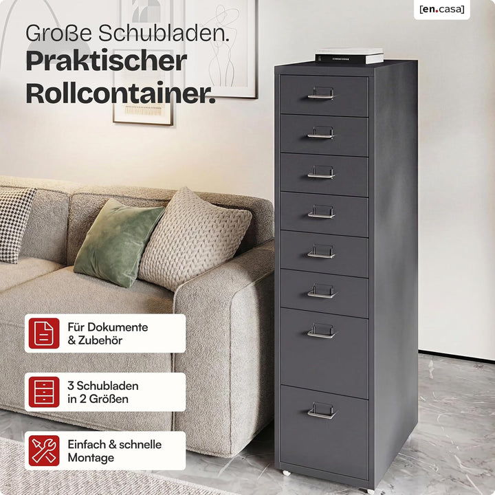 [en.casa] Rollcontainer Kökar Schubladenschrank Metall Aktenschrank mit 8 Schubladen Bürowagen mit R