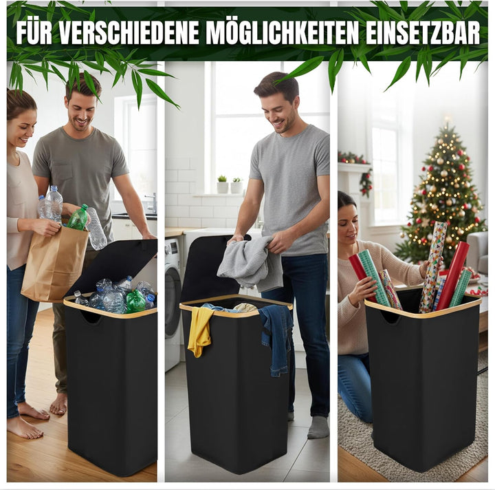 Wäschekorb mit Deckel 100l, Wäschesammler, Wäschebox, Wäschetonne, hoher Wäschekorb mit Bambusrahmen