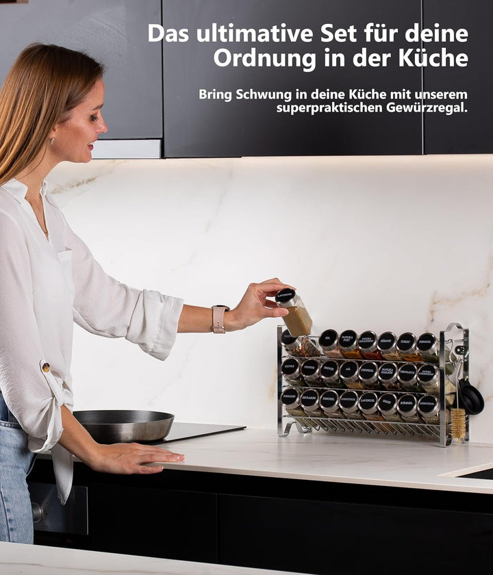 Deco haus® Gewürzregal mit Gläsern - Gewürzgläser mit Regal - Gewürzregal Wand, Gewürzständer mit 24