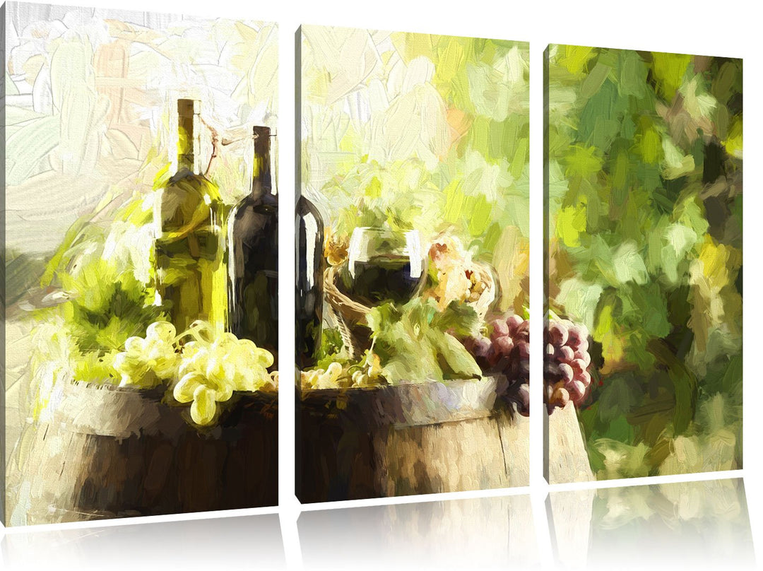 Pixxprint Wein mit Weintrauben auf Fass / 3-Teilig/Gesamtmass 120cm Leinwandbild bespannt auf Holzra