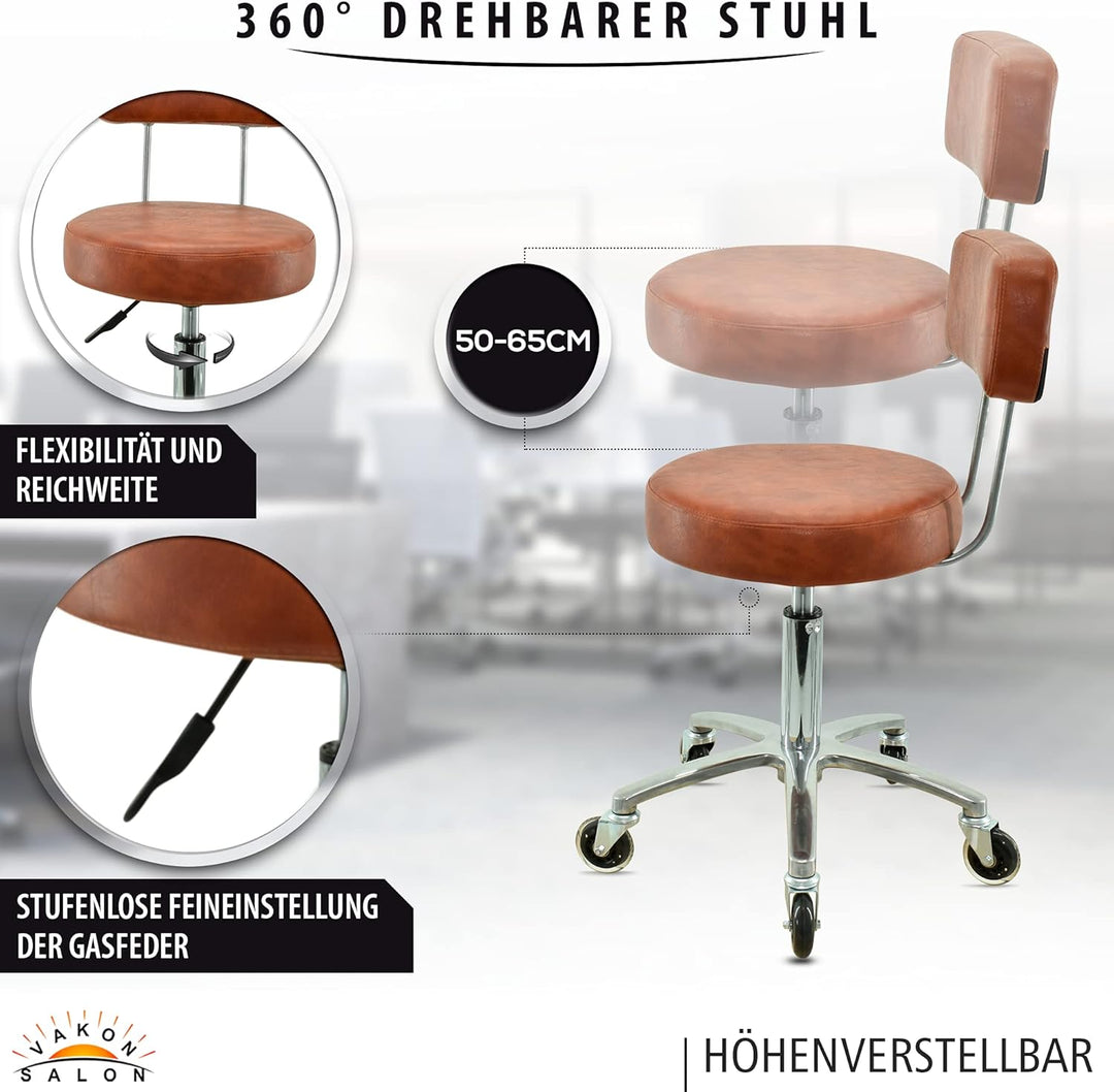 Premium Rollhocker mit Lehne in Hellbraun - Höhenverstellbar von 50 bis 65 cm - Rundsitz - Drehhocke