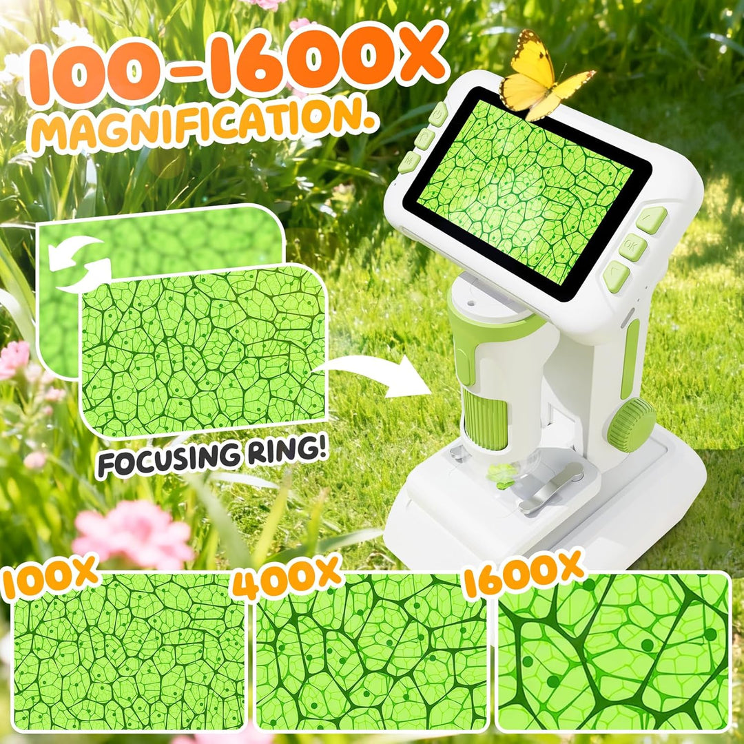 1600X Mikroskop für Kinder, 4K 4,0" IPS-Bildschirm Kinder Mikroskop mit Foto-und Videoaufnahme, Wiss