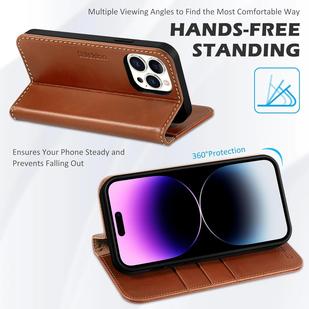 SHIELDON Hülle für iPhone 14 Pro Handyhülle TPU [Echtleder] [Kartenfach] [Magnet] [Standfunktion] [R