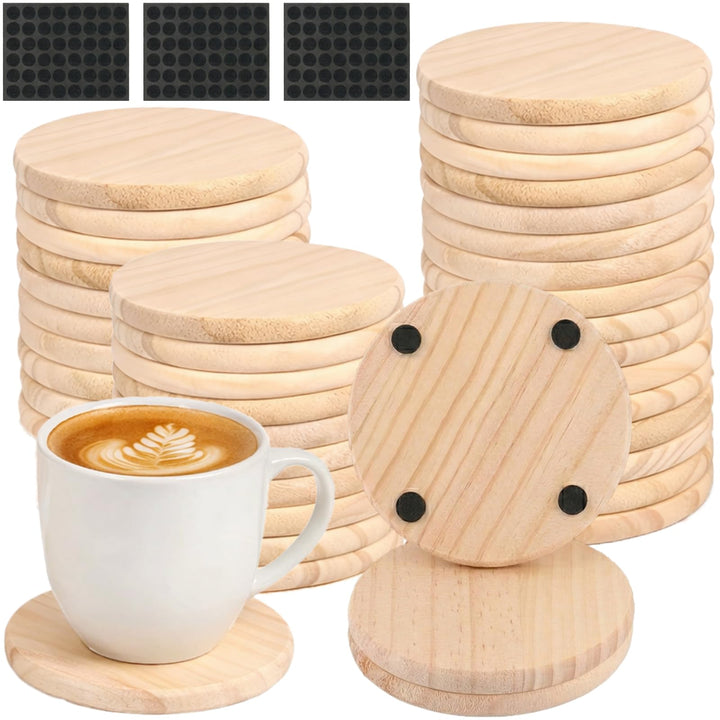 SHUESS 36er Holzuntersetzer Rund 10cm, Blanko Untersetzer Holz mit Rutschfesten Pads, Glasuntersetze