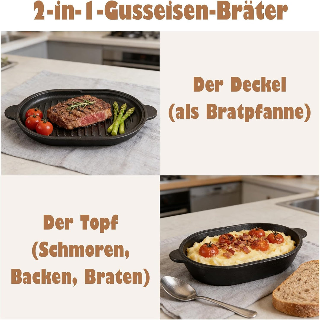 2 in 1 Gusseisen Topf Dutch Oven 2L Mit Doppelter Zweck Grillpfannendeckel, Ovale 28 cm Grosse Gusse