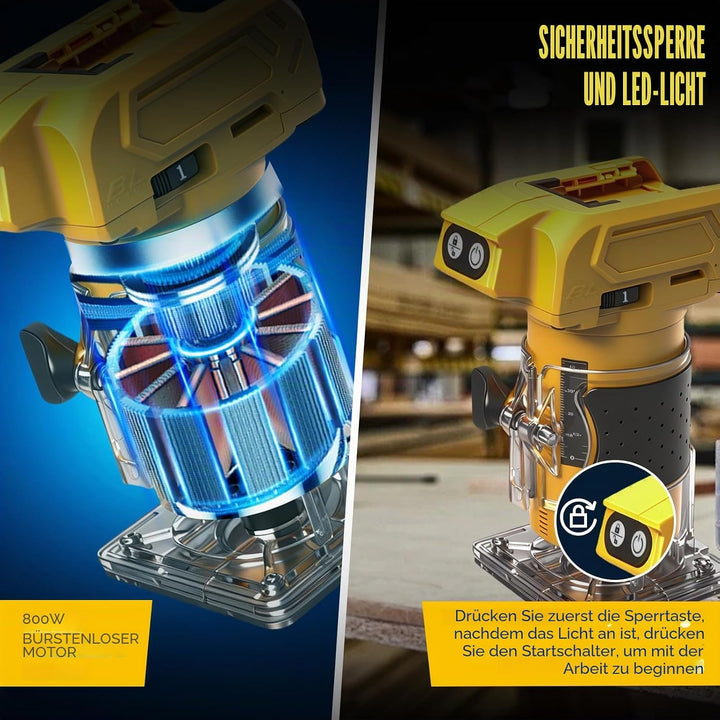 Akku Oberfräse kompatibel mit Dewalt 20V-Akku (ohne Akku), 800 W bürstenloser Holztrimmer mit 10000–