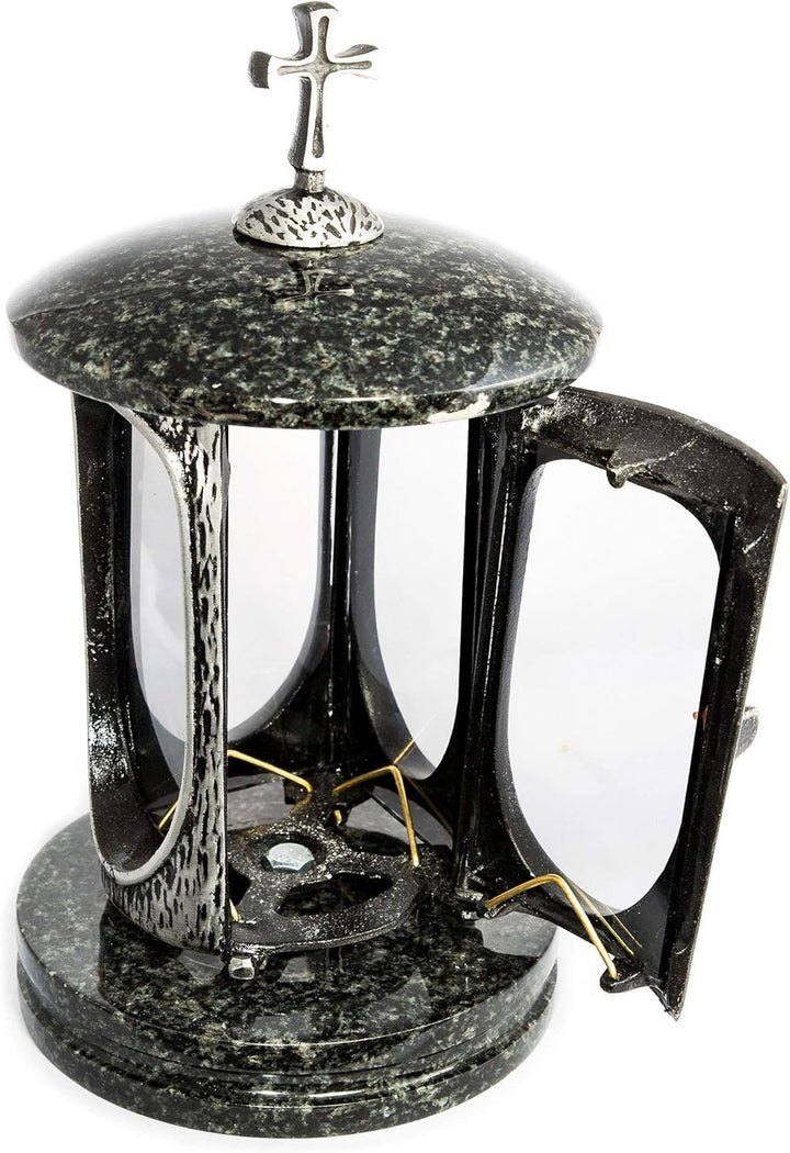 Stilvolle Grablaterne Anthrazit mit Kreuz Granit Impala dunkel Höhe 27 cm/Ø 15 cm Grableuchte Grabli