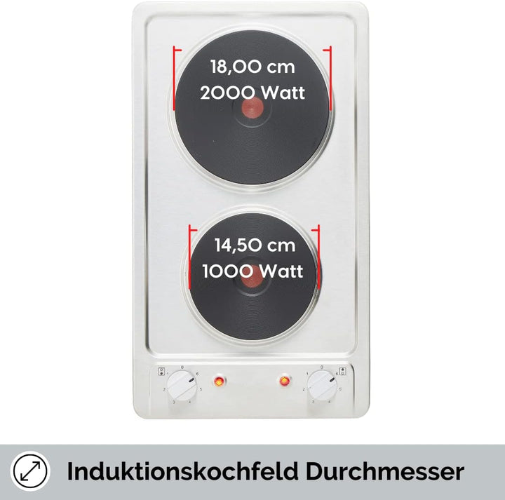 PKM Autarkes Kochfeld aus Edelstahl EB-DKF-2/ 30cm/ 6 Heizstufen / 2 Kochzonen/Blitzkochplatte/ 3000