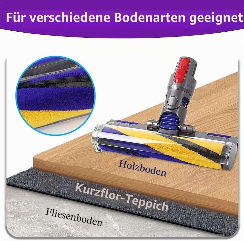 Softwalze Bodendüse für Dyson V7 V8 V10 V11 V15 Staubsauger, Elektrischer LED Fluffy Soft Roller Bür