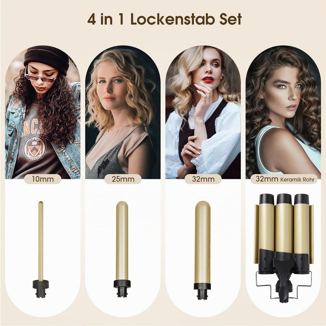 4 in 1 Lockenstab Set,3 Fässer Welleneisen 32mm Keramik mit Lockenstab Grosse Locken,Welleneisen Ver