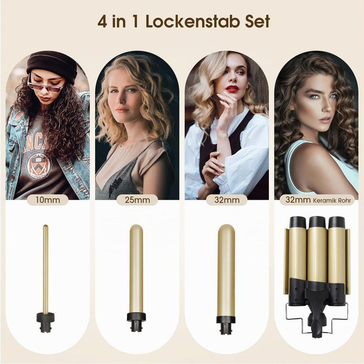 4 in 1 Lockenstab Set,3 Fässer Welleneisen 32mm Keramik mit Lockenstab Grosse Locken,Welleneisen Ver